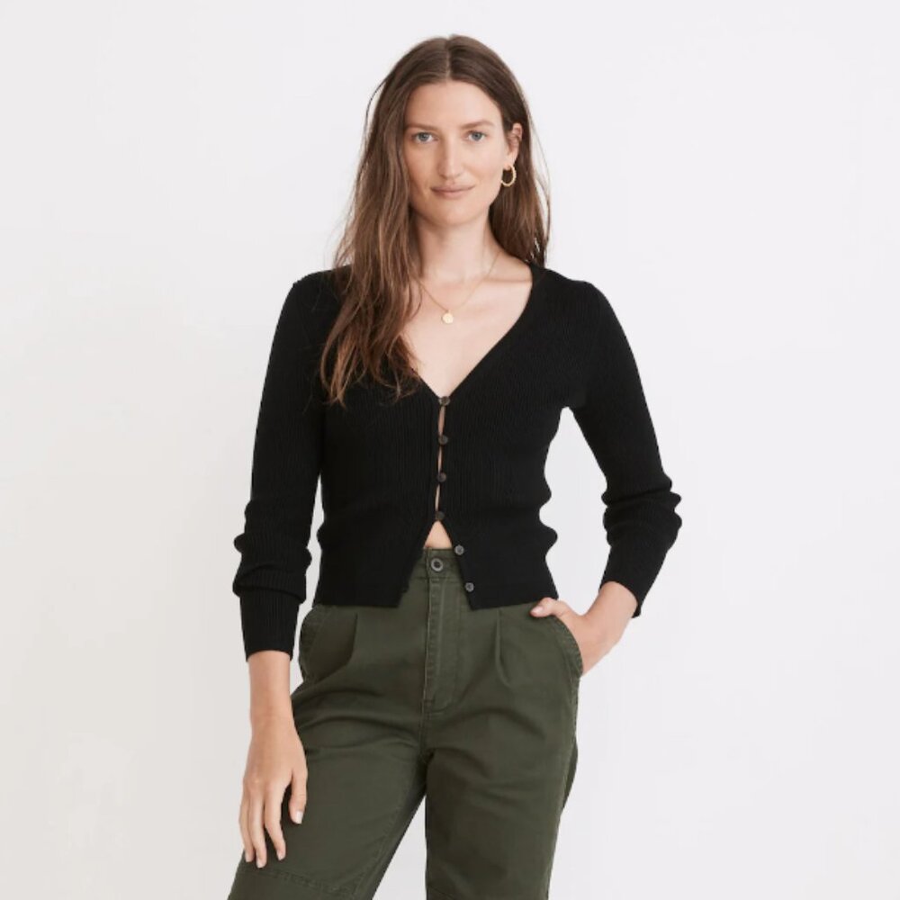 Madewell Carmon Crop Cardigan Sweater, Black - Size XS